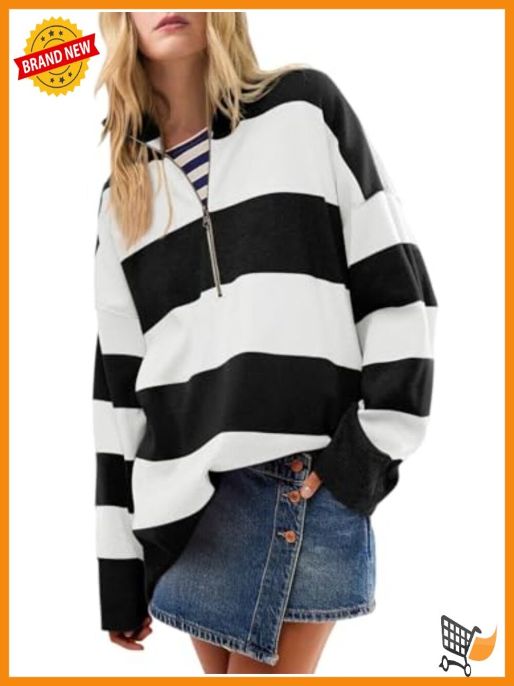 Women's Half Zip Striped Oversized Sweater V-Neck Turtleneck